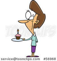 Cartoon Brunette White Lady Holding a Birthda Cupcake on a Plate by Toonaday