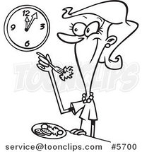Cartoon Black and White Line Drawing of a Lady Eating a Healthy Lunch by Toonaday