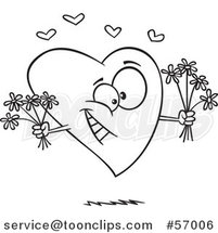 Cartoon Outline Romantic Heart Character Holding Bouquets of Flowers by Toonaday