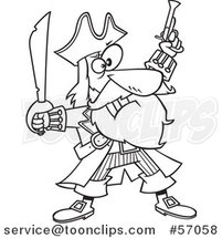 Cartoon Outline Pirate Captain, Bluebeard, Holding up a Sword and Pistol by Toonaday