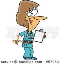 Cartoon Energetic White Female Nurse Holding a Medical Chart on a Clipboard and Wearing a Vaccine Belt by Toonaday