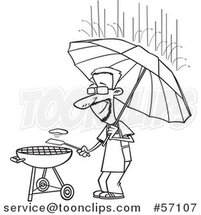 Cartoon Outline Dedicated Guy Holding an Umbrella Nd Flipping a Burger on a Bbq Grill in the Rain by Toonaday