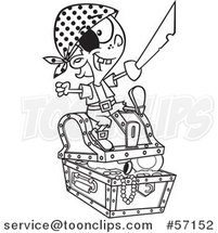 Cartoon Outline Pirate Boy Holding a Sword and Sitting on a Treasure Chest by Toonaday