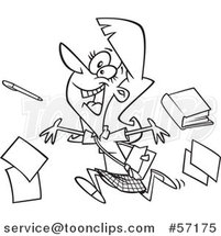 Cartoon Outline Female Teacher Running and Tossing Items on the Last Day of School by Toonaday