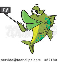 Cartoon Green Fish Taking a Portrait with a Selfie Stick by Toonaday