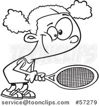 Cartoon Outline Black Girl Playing Tennis by Toonaday