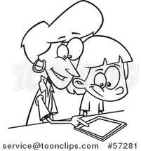 Cartoon Outline Happy Black Mother Teaching Her Daughter How to Use a Tablet Computer by Toonaday