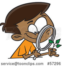 Cartoon Happy Black Boy Observing a Plant Through a Magnifying Glass by Toonaday