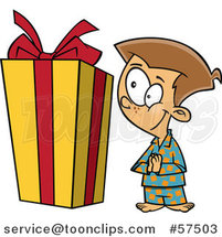 Cartoon of Curious Boy Looking at a Large Christmas Present by Toonaday