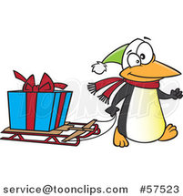 Cartoon of Penguin Pulling a Christmas Present on a Sled by Toonaday
