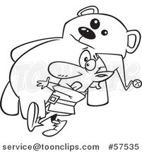 Cartoon Outline of Christmas Elf Carrying a Giant Teddy Bear by Toonaday