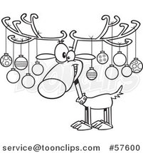 Cartoon Outline of Christmas Reindeer with Ornaments on His Antlers by Toonaday