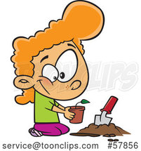 Cartoon Red Haired White Girl Planting a Seedling by Toonaday