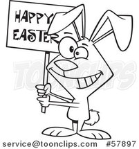 Cartoon Outline of Bunny Holding a Happy Easter Sign by Toonaday