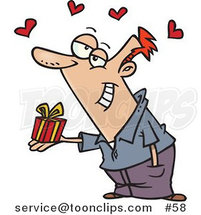 Cartoon White Guy Holding a Valentine's Day Gift, Hearts Above His Head by Toonaday