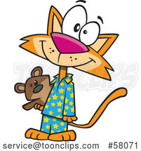 Cartoon Happy Ginger Cat Wearing Pajamas and Holding a Teddy Bear by Toonaday