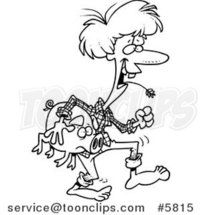 Cartoon Black and White Line Drawing of a Female Hillbilly Carrying a Pig by Toonaday