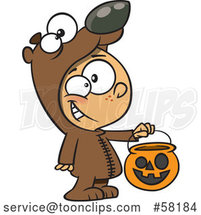 Cartoon White Boy in a Bear Halloween Costume, Holding out a Trick or Treat Pumpkin Bucket by Toonaday