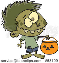 Cartoon Zombie Boy in a Bear Halloween Costume, Holding out a Trick or Treat Pumpkin Bucket by Toonaday
