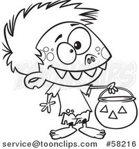 Cartoon Outline of Zombie Boy in a Bear Halloween Costume, Holding out a Trick or Treat Pumpkin Bucket by Toonaday