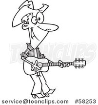 Cartoon Outline of Country Singer Cowboy Playing a Guitar by Toonaday