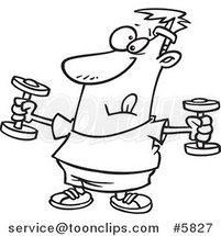 Cartoon Black and White Line Drawing of a Guy Exercising with Dumbbells by Toonaday