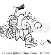 Cartoon Black and White Line Drawing of a Bear Hockey Player by Toonaday