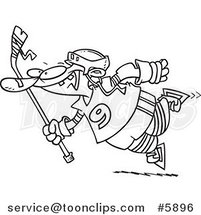 Cartoon Black and White Line Drawing of a Leaping Hockey Player by Toonaday