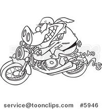 Cartoon Black and White Line Drawing of a Biker Pig by Toonaday