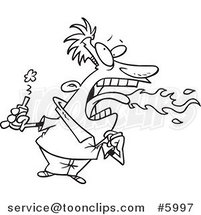 Cartoon Black and White Line Drawing of a Firey Mouthed Guy with Hot Sauce by Toonaday
