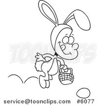 Cartoon Black and White Line Drawing of a Boy Hopping in an Easter Bunny Costume by Toonaday