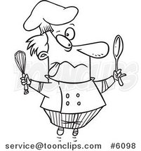 Cartoon Black and White Line Drawing of a Crazy Chef by Toonaday