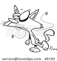 Cartoon Black and White Line Drawing of a Mangy Stinky Cat Walking Upright by Toonaday
