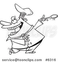Cartoon Black and White Line Drawing of a Dancing Chef by Toonaday