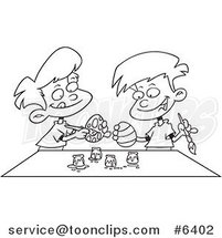 Cartoon Black and White Line Drawing of Boys Painting Easter Eggs by Toonaday