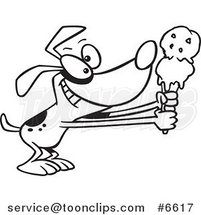 Cartoon Black and White Line Drawing of a Dog Holding out an Ice Cream Cone by Toonaday