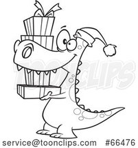 Cartoon Black and White Dinosaur Wearing a Santa Hat and Carrying Christmas Gifts by Toonaday