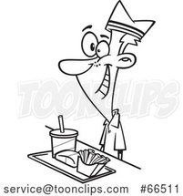 Cartoon Black and White Fast Food Worker Guy with a Tray of Food at a Counter by Toonaday