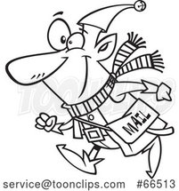 Cartoon Black and White Christmas Elf with a Mail Pouch by Toonaday