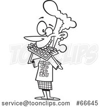 Lineart Cartoon Lady Wearing a Chocolate Shirt and Eating a Bar by Toonaday