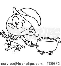 Cartoon Black and White Leprechaun Boy Pulling a St Patricks Day Gold Wagon Cauldron by Toonaday