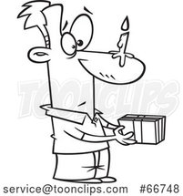 Cartoon Outline Guy Holding a Gift, with a Birthday Candle on His Nose by Toonaday