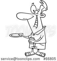Cartoon Black and White Happy Guy Holding out a Plate for a Burger by Toonaday