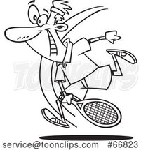 Cartoon Black and White Energetic Guy Playing Tennis by Toonaday