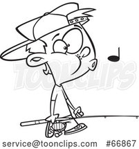 Cartoon Outline Boy Whistling and Carrying a Fishing Pole by Toonaday