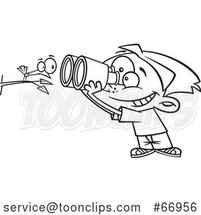 Cartoon Outline Boy Viewing a Bird up Close with Binoculars by Toonaday