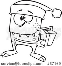 Cartoon Outline Christmas Elf Monster Holding a Gift by Toonaday