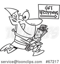 Cartoon Lineart Christmas Elf Running to Wrap Gifts by Toonaday