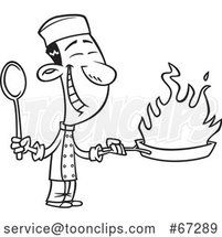Cartoon Black and White Happy Asian Chef Holding a Flaming Wok by Toonaday