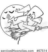 Black and White Cartoon Halloween Witch Flying on a Fast Broomstick by Toonaday